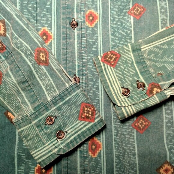 Frontier Series Western Shirt Small Teal Southwest Geometric Button Down READ - Picture 13 of 15